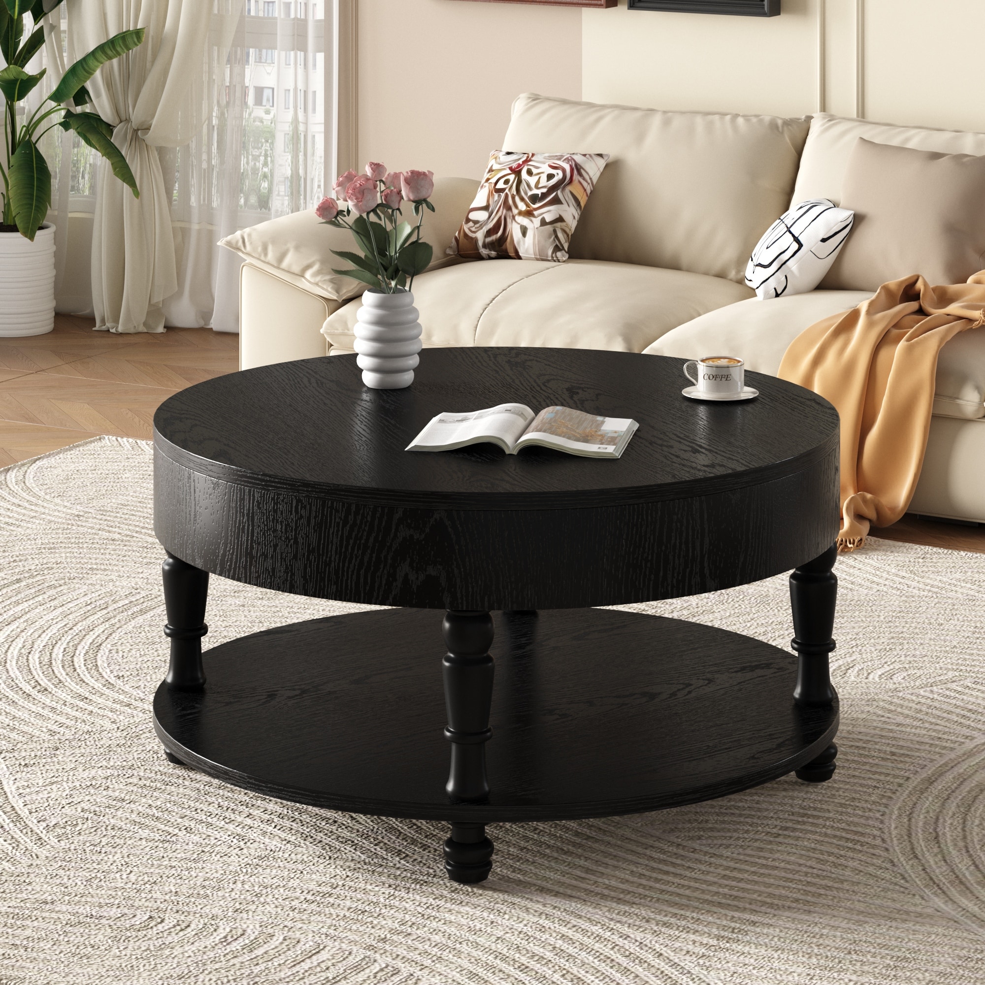 Black Round Coffee Table Center Table with Storage and Hidden Compartment, Sofa Table Side Table End Table