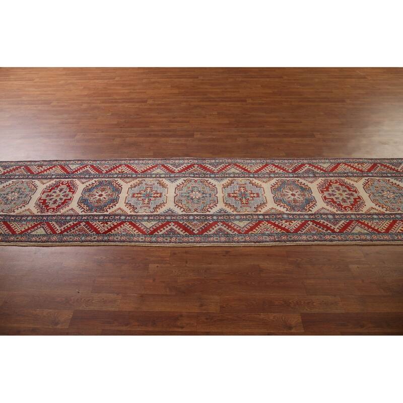 Geometric Kazak Runner Rug Handmade Beige Oriental Wool Carpet - 2'7" x 15'5"