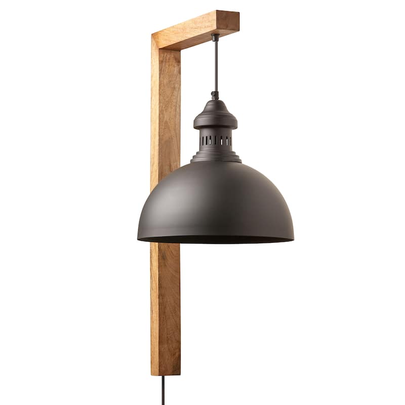 River of Goods Black Metal and Wood Dome Shade Indoor Plug In Wall Sconce - 16" x 12" x 28.5"