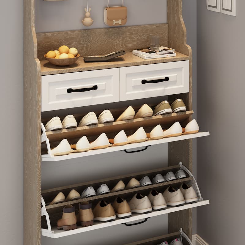 Wood Shoe Storage Cabinet 24-Pair Foldable Compartments Shoe Cabinet with 2-Drawer,3 Flip Drawers & Hanger
