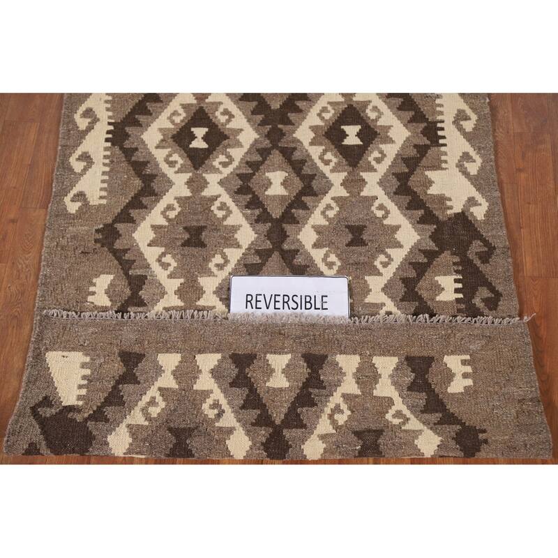 Brown Kilim Accent Rug Flatweave Geometric Wool Carpet - 3'5"x 4'5"