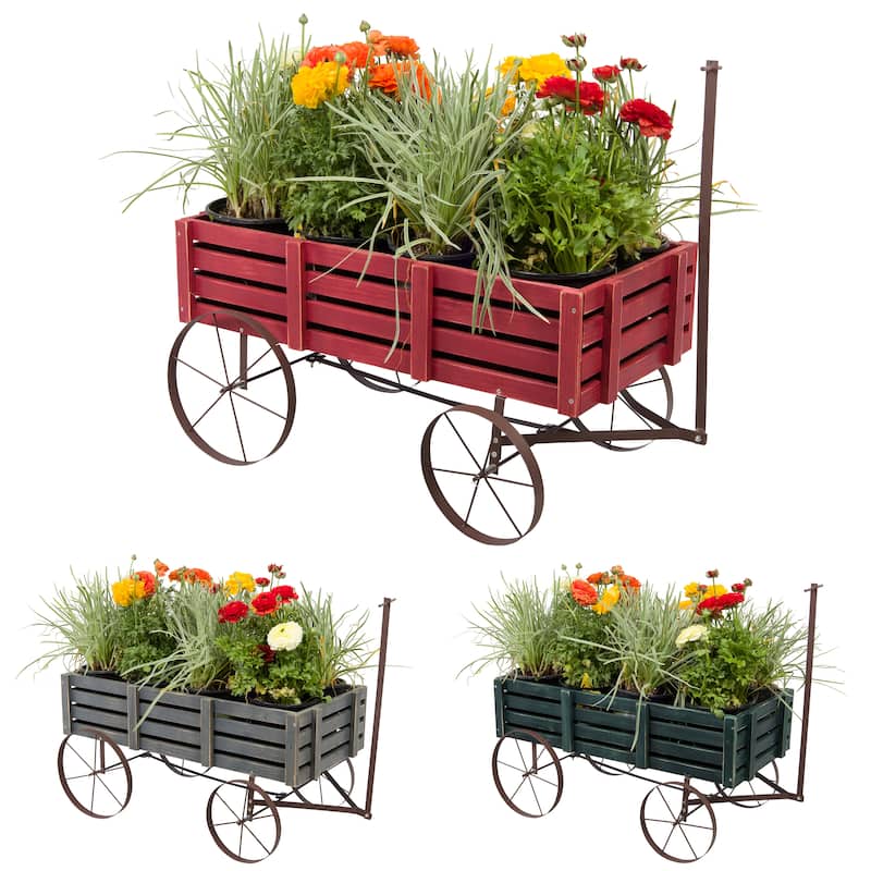 Goldcoast 51" Rustic Wagon Garden Planter with Metal Wheels