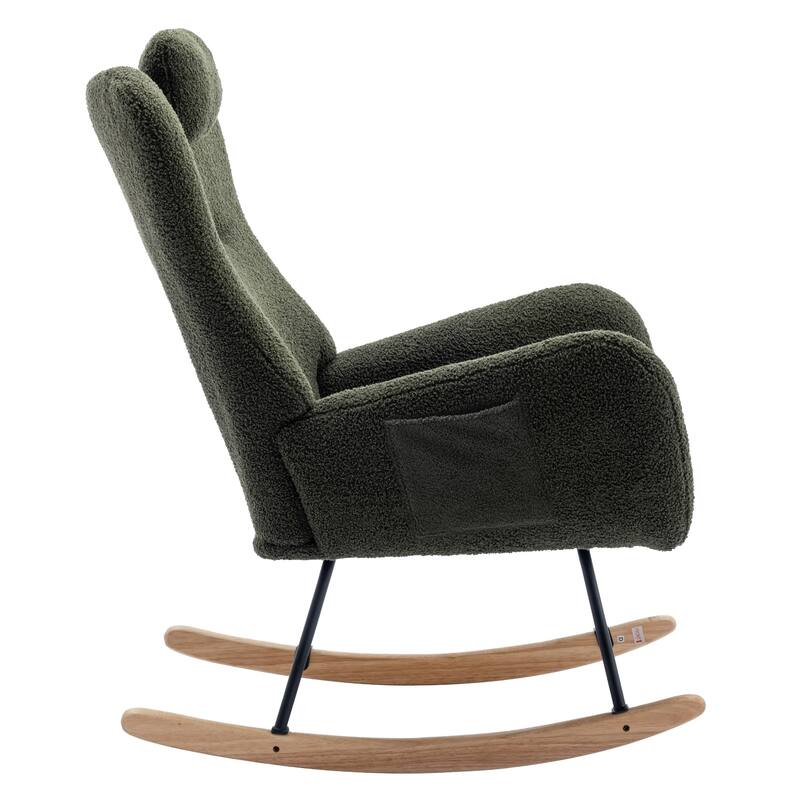 Teddy Fabric Wingback Rocking Chair for Nursery with Safe Solid Wood Base