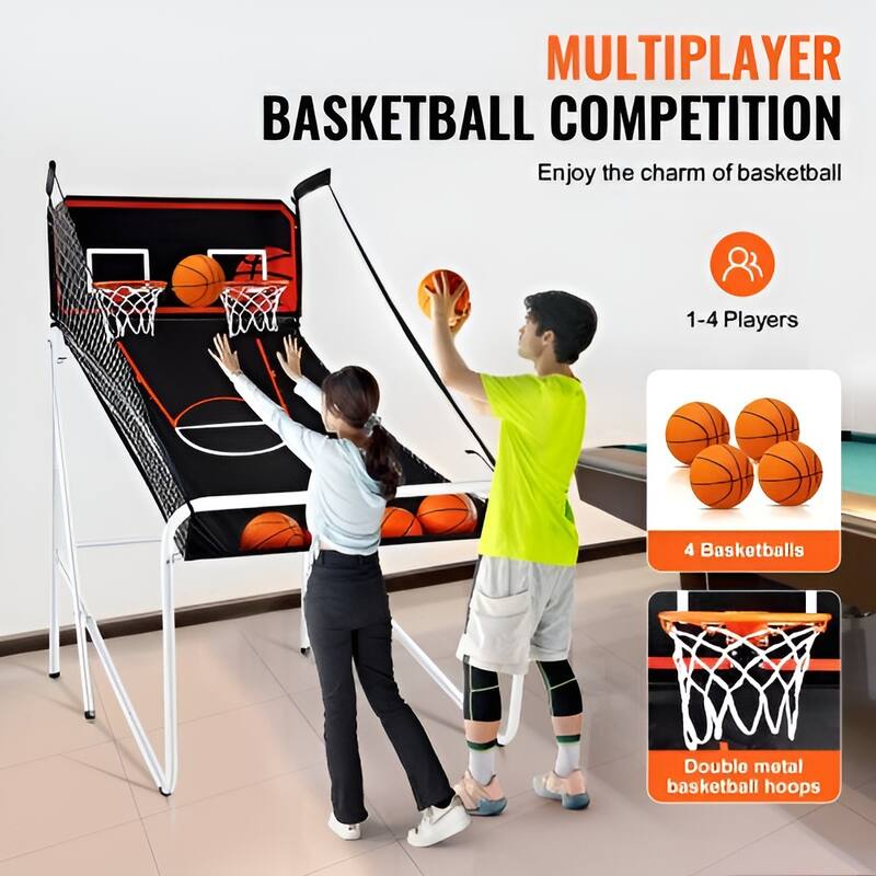 Black-White Steel Dual Hoop Basketball Arcade Game with 8 Games and Foldable Frame - 82” L x 44” W x 81” H