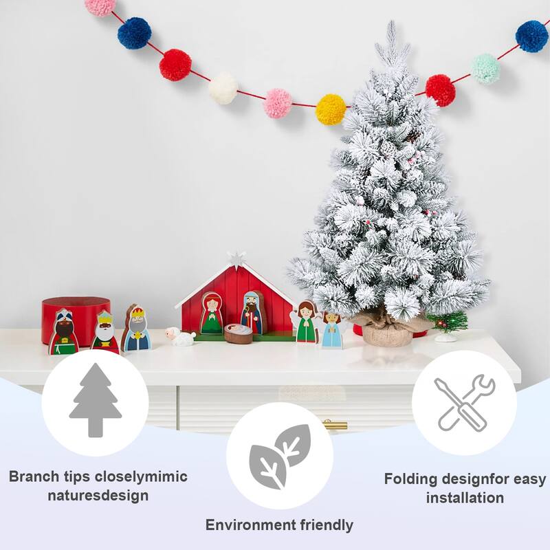 3FT Flocked Christmas Tree with PE/PVC & Pine Needle Branches, 170 Tips, Decorated with Pine Cones & Berries-Snowy Holiday Tree
