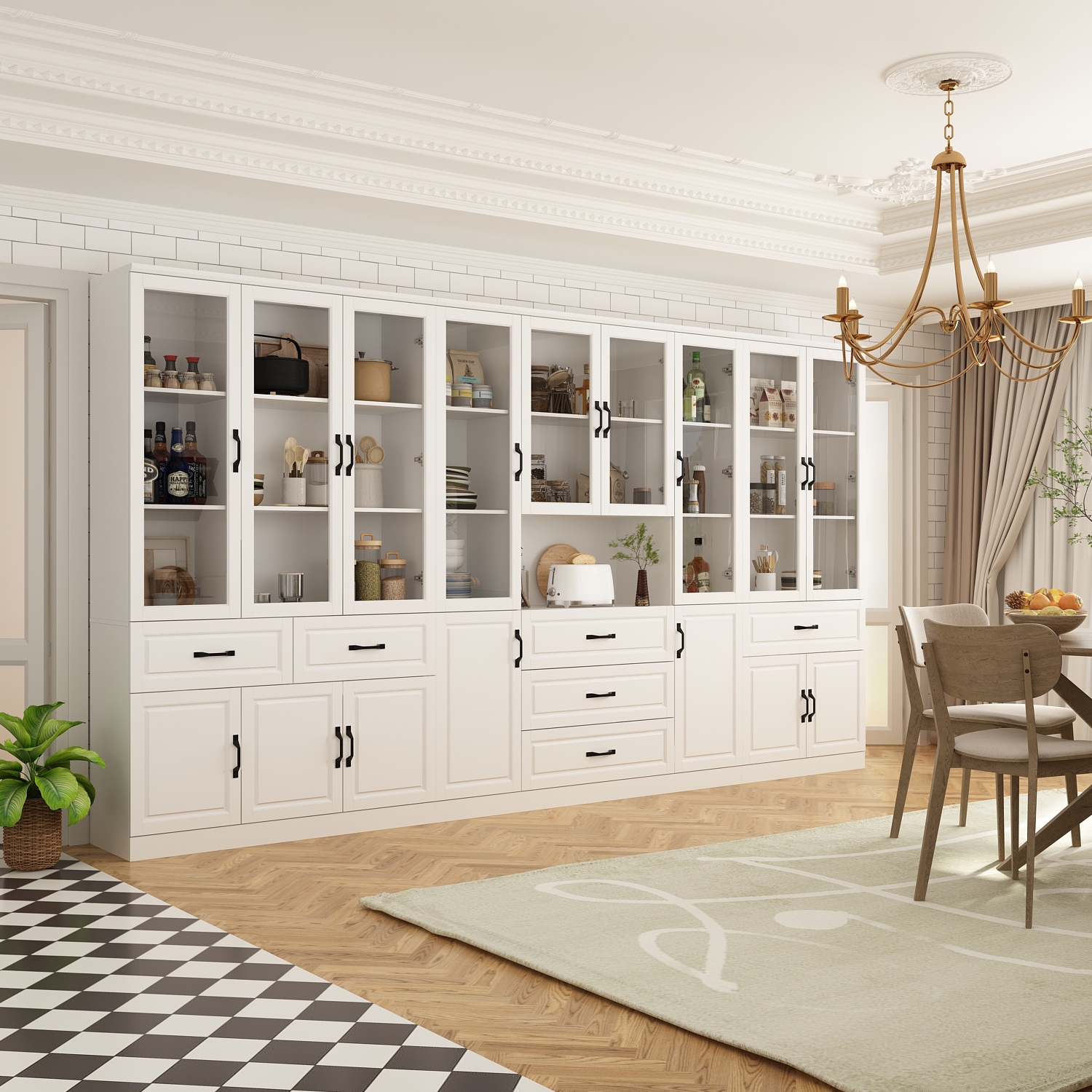 Living room storage cabinet top with glass doors