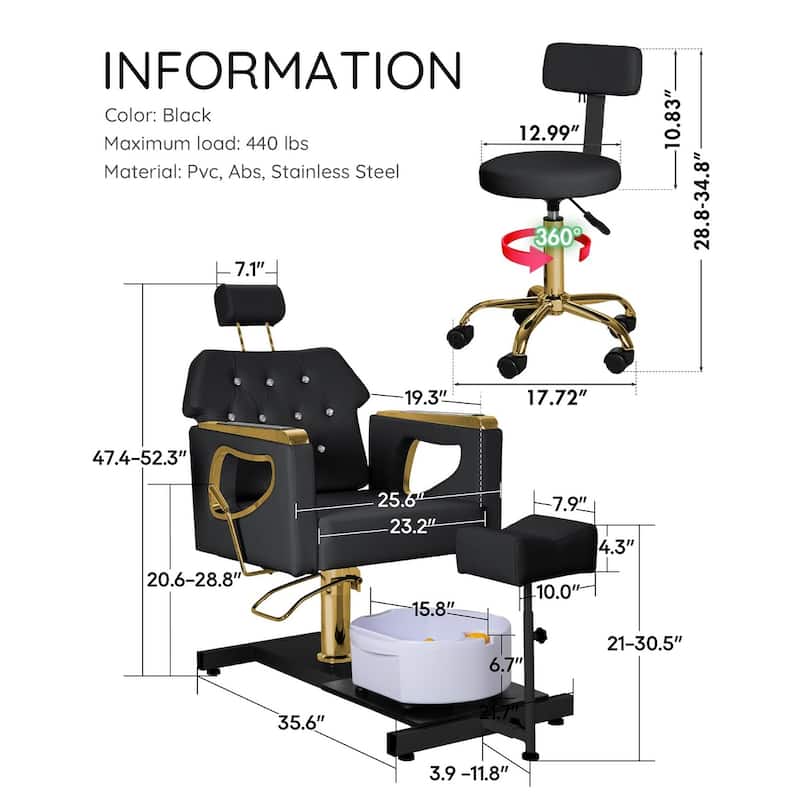 Pedicure Chair with Foot Spa Stool with Adjustable Pedicure Stand
