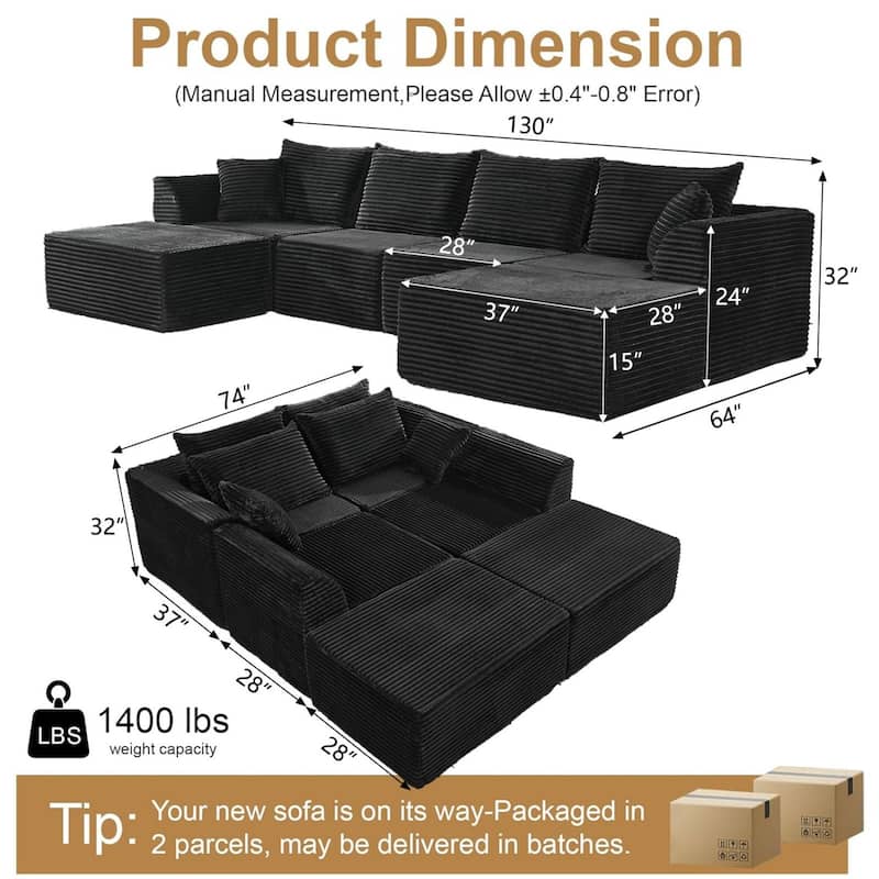 130" U-Shaped Corduroy Sectional Sofa with 2 Ottomans, No Assembly Required