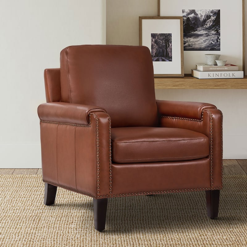 Kunz Transitional Genuine Leather Armchair with Removable Cushion and Nailhead Trims by HULALA HOME