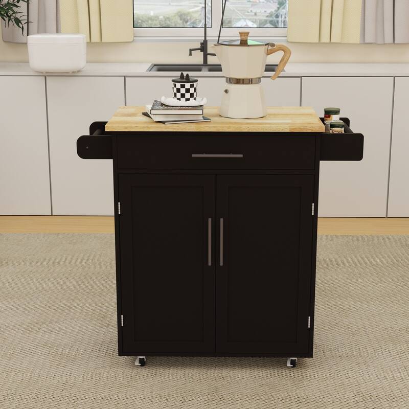Mobile Kitchen Cart with Rubber Wood Tabletop, Adjustable Storage, and Towel & Seasoning Racks