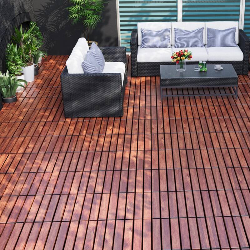 12" x 12" Square Acacia Hardwood Interlocking Deck Tiles Striped Pattern