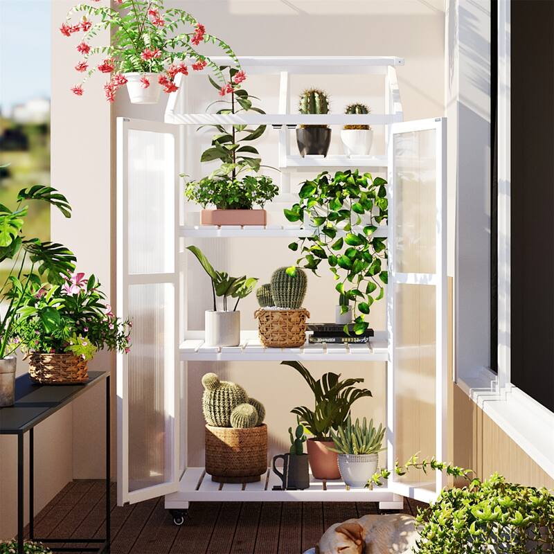 Wooden Large Greenhouse with Wheels and Adjustable Shelves - 62 Inch