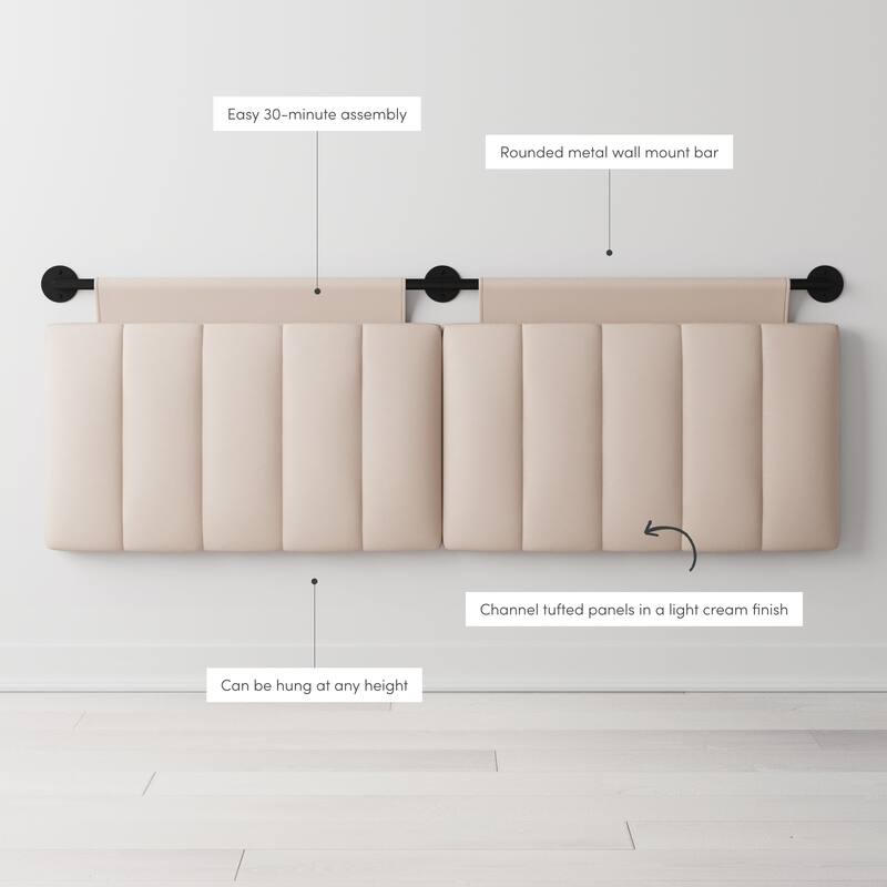 Nathan James Remi Wall Mount Tufted Headboard with Adjustable Straps and Black Metal Rail