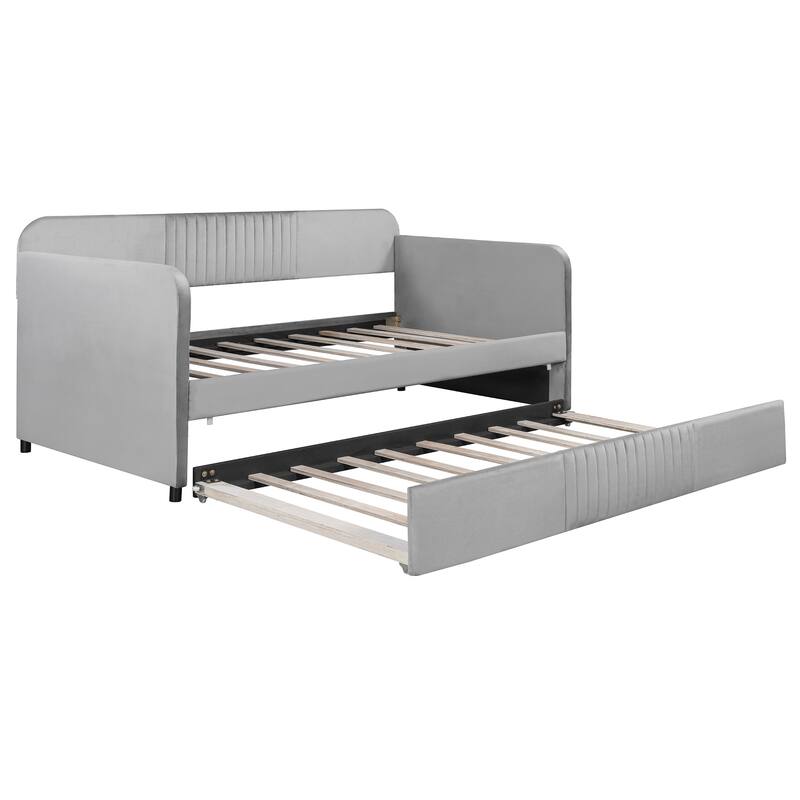 Roomfitters Twin Upholstered Daybed with Pull-Out Trundle, Velvet Sofa Bed Frame, Grey