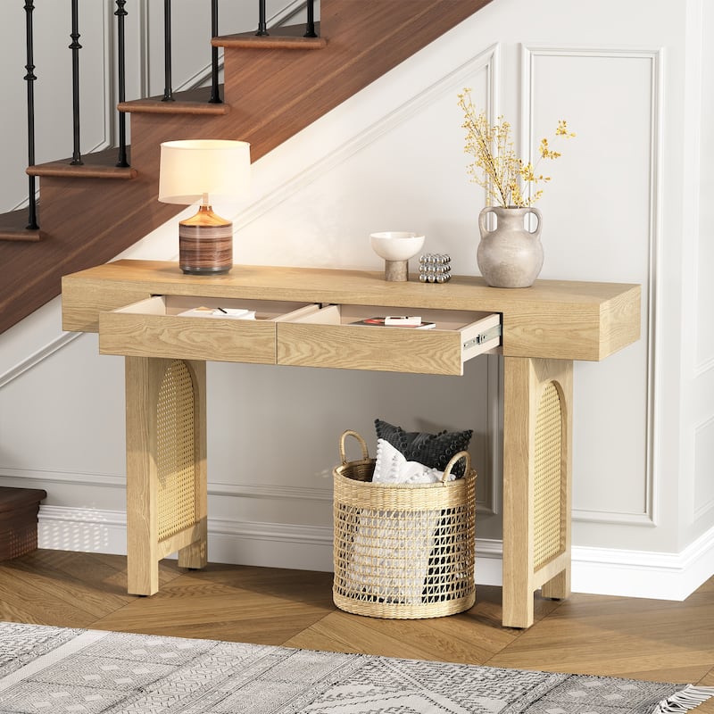 Narrow Console Table with Rattan Accent, Entryway Table with 2 Storage Drawers, Sofa Side Table with Wooden Top