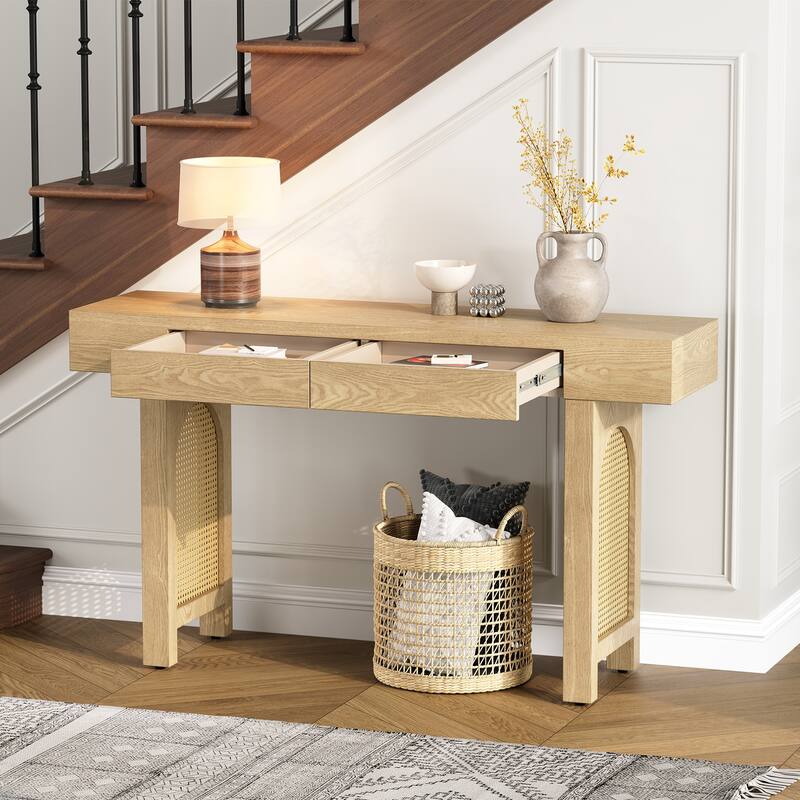 Rattan Accent Console Table with Two Drawers Natural Wood Veneer Bohemian Entryway Living Room Hallway Furniture