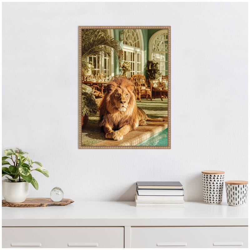 Kate and Laurel Majestic Lion by the Pool by Michael Schauer Framed Canvas Wall Art Print