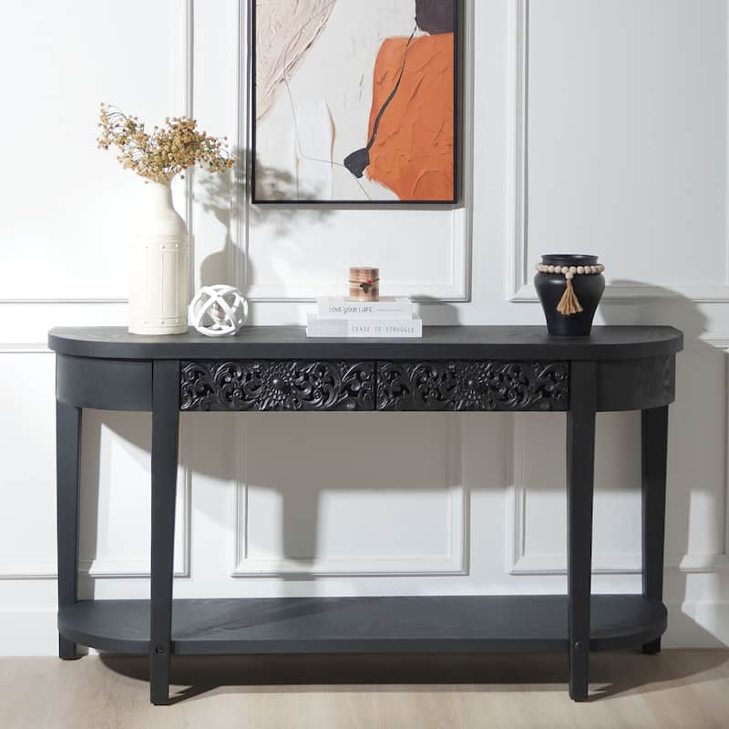 59.2" Wood Carved Entryway Console Table with Open Shelf and 2 Drawers