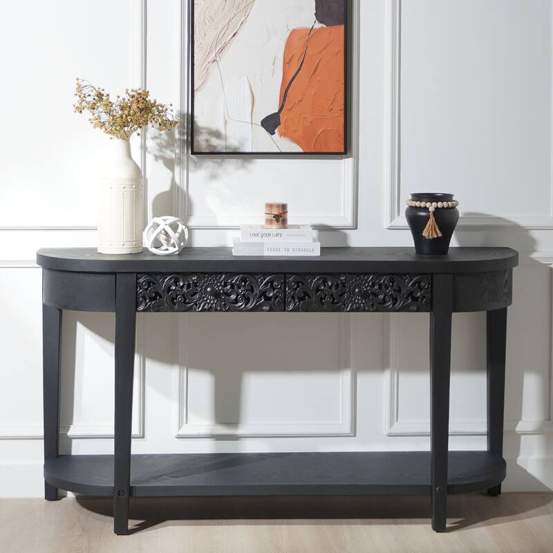 Roomfitters Carved Console Table with Lower Shelf, 59.2" Entryway Table with 2 Drawers, Engineered Wood, Black Finish
