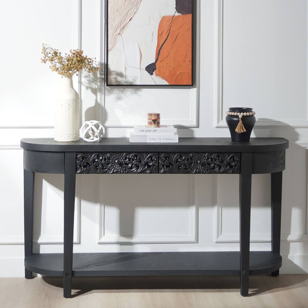 Roomfitters Carved Console Table with Lower Shelf, 59.2" Entryway Table with 2 Drawers, Engineered Wood, Black Finish