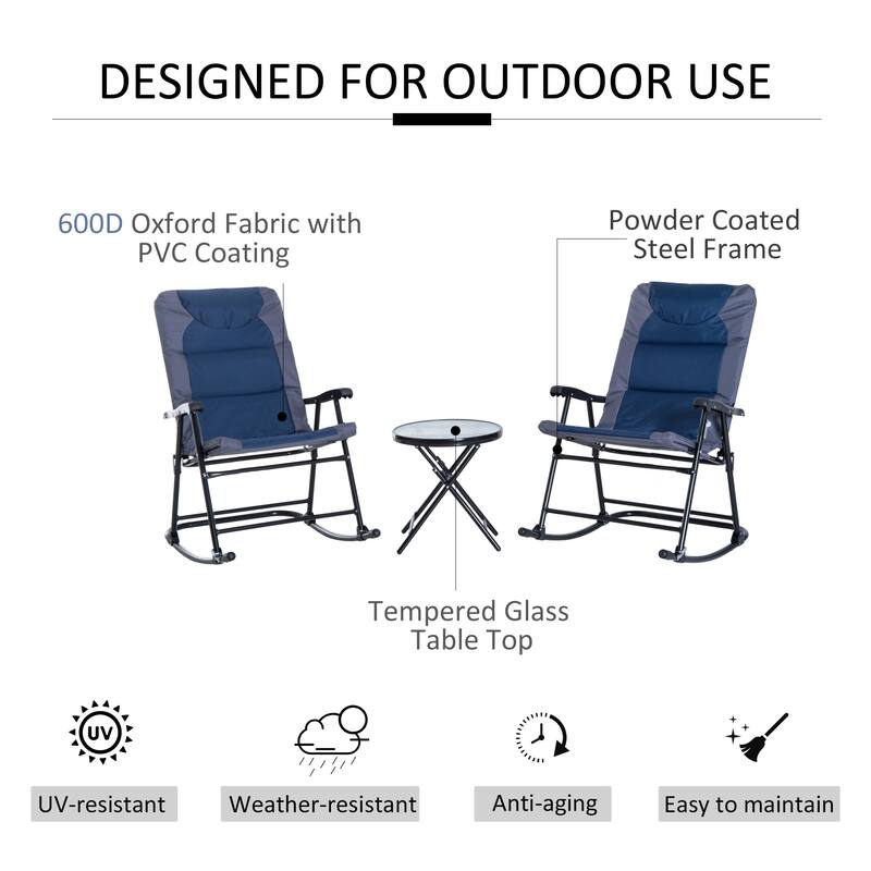 Patio Furniture Set with Glass Coffee Table & 2 Folding Rocking Chairs
