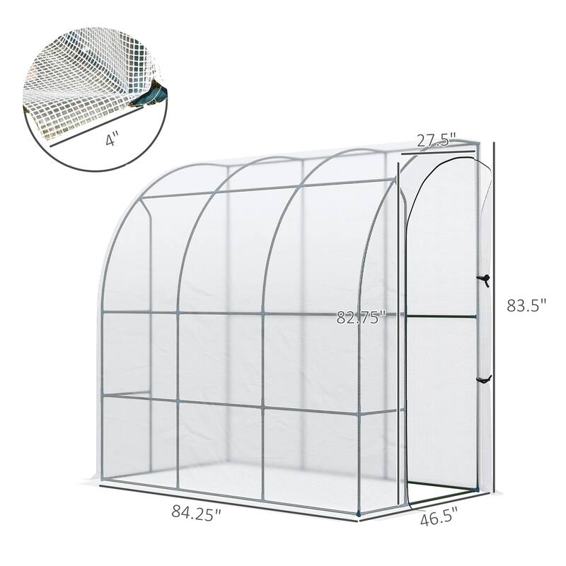 7' x 4' x 7' Outdoor Lean to Greenhouse, Walk-In Green House Plant Nursery with Roll-up Window, PE Cover, White