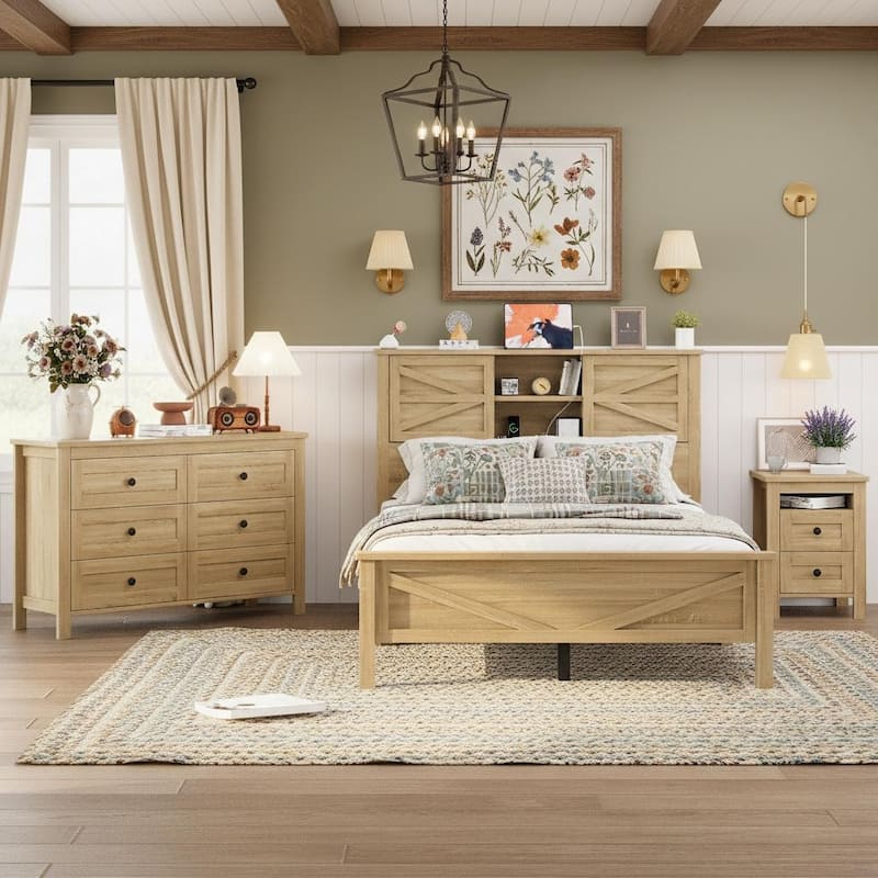 Farmhouse 3-Piece Bedroom Set with Sliding Storage Headboard & Charging Station by Harper&Bright Designs