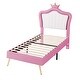 preview thumbnail 6 of 25, Crown Stripe Headboard Platform Bed Frame, PU Upholstered Princess Bed with Remote Control LED Lights, Wood Slat Panel Bed