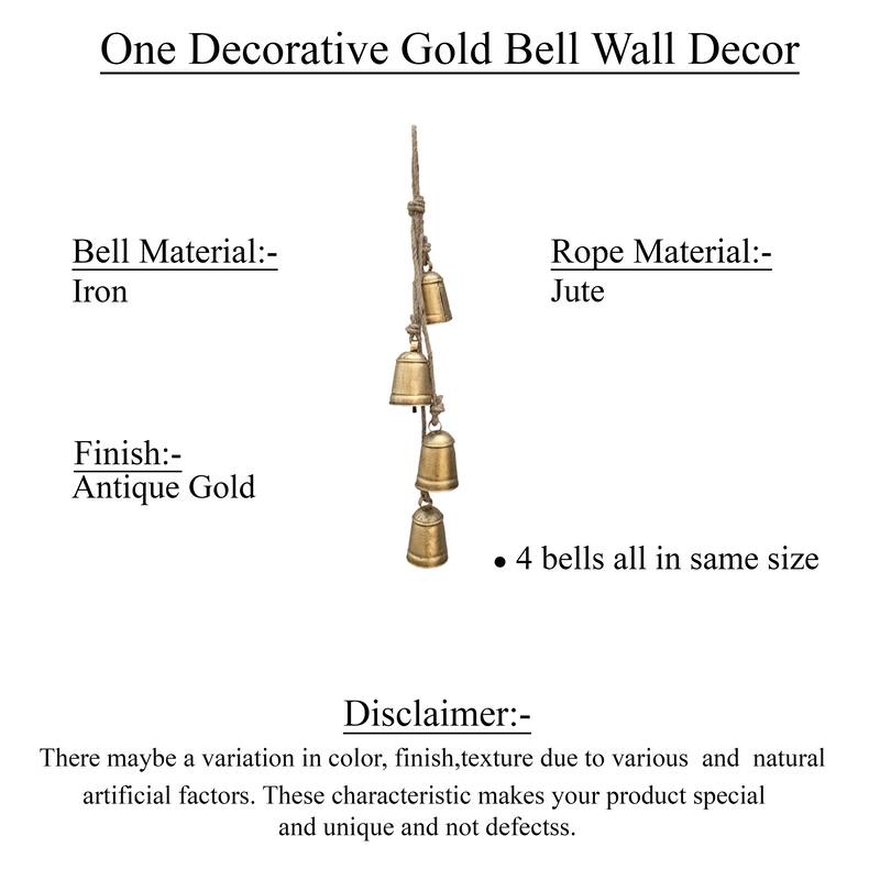 Zema Rustic Iron Hanging Bells Wall Decor, Cylindrical Cowbell on 28 Inch Jute Rope, Antique Gold
