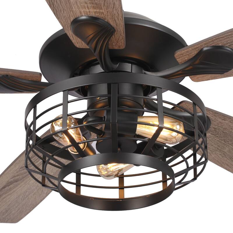 52" Industrial Wood 5-Blade 3-Light Metal Ceiling Fan with Remote