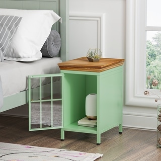 Green End Table Nightstand with Storage Cabinet & Solid Wood Tabletop ...