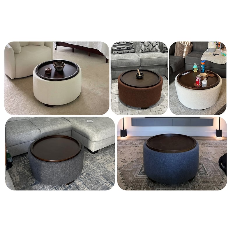 Huimo Modern round wooden tray Ottoman with Storage