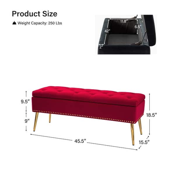 dimension image slide 3 of 19, HULALA HOME Neptunus Modern 45.5" W Velvet Bedroom Storage Bench for End of Bed with Nailhead Trim