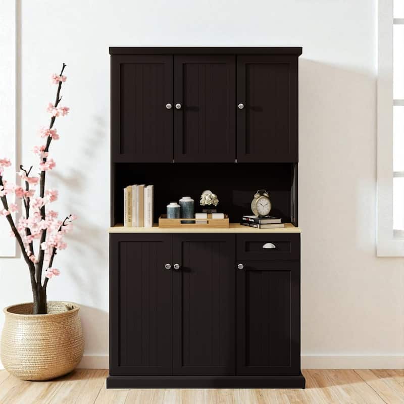71" Freestanding Kitchen Pantry Storage Cabinet with Microwave Countertop, Hutch Buffet Cabinet with Shelves & Drawer - Black
