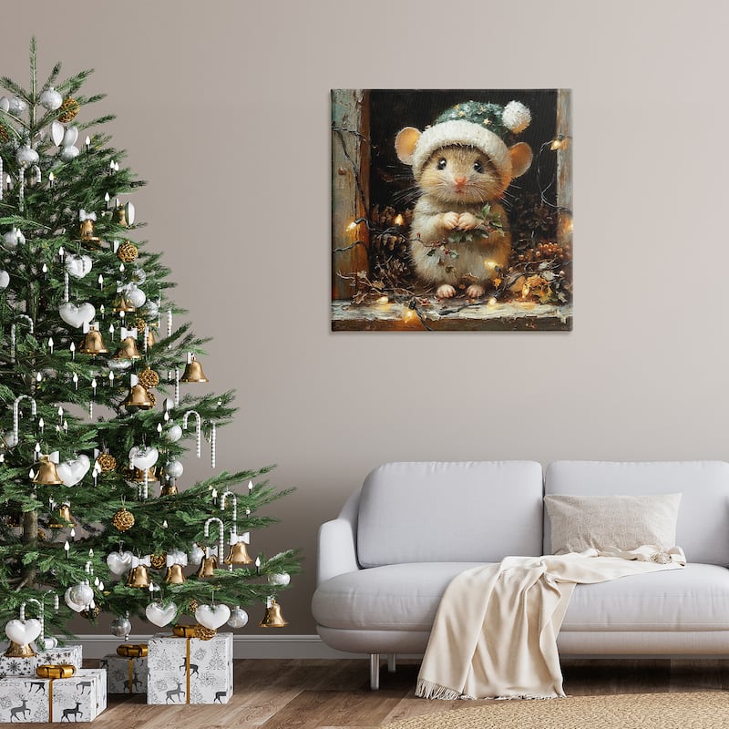 Stupell Barn Mouse with Christmas Lights Canvas Wall Art Design By Riley B