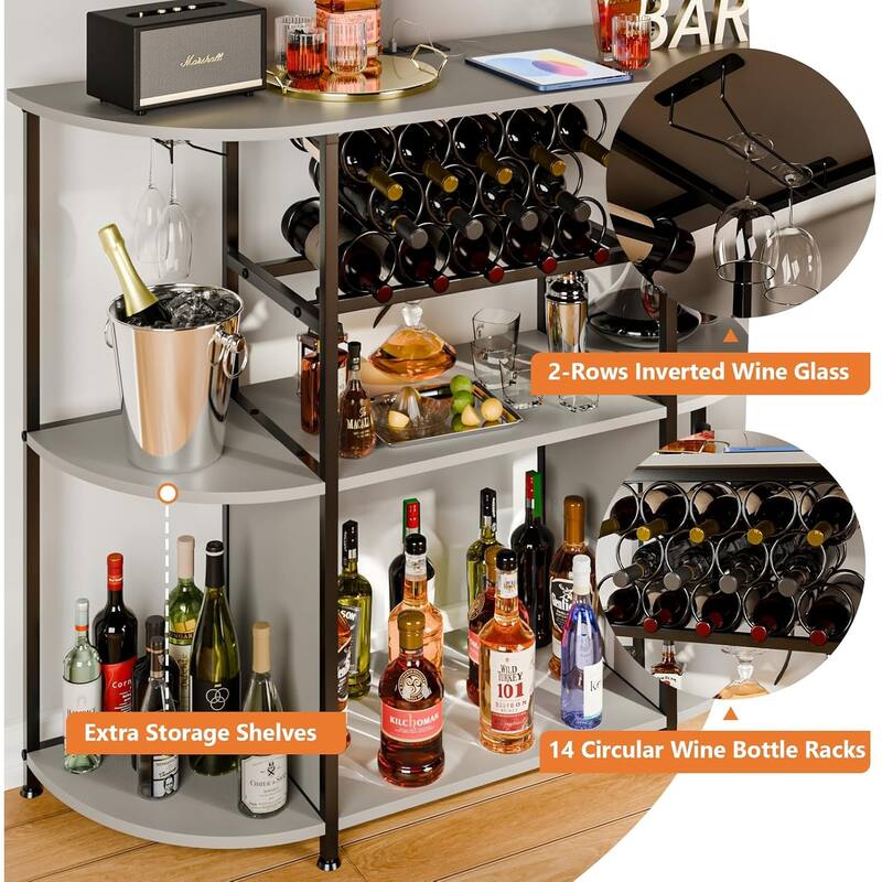 BOSSIN Wine Rack with Power Outlet and LED Lights, Home Bar Table Cabinet for Liquor with Fireplace,4-Tier Storage Glass Holder