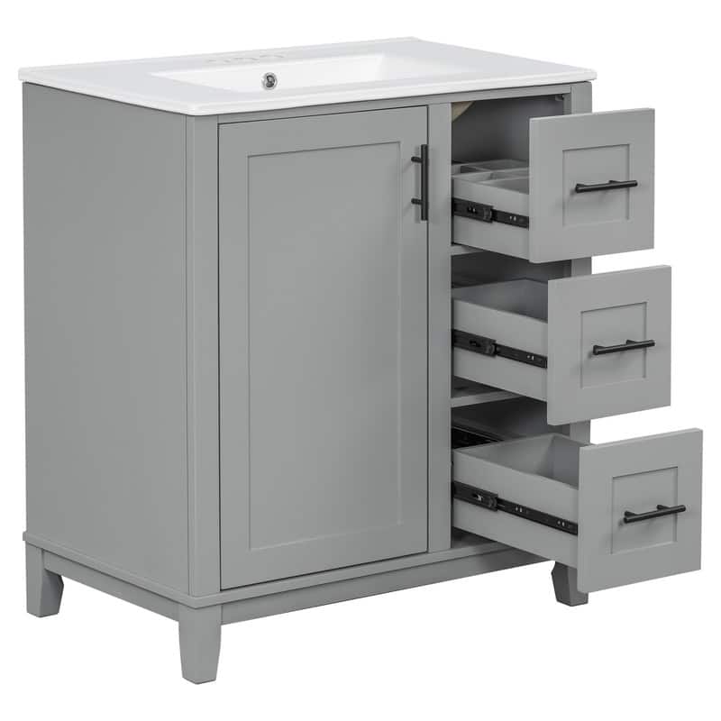 30" Bathroom Vanity with Ceramic Sink, Storage racks, 3 drawers, Soft-close hinges