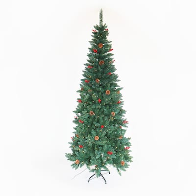 Artificial Slim Christmas Tree Pre-lit Pencil Feel Real Skinny Fir Tree with Cones and Berries 7.5ft foldable metal stand