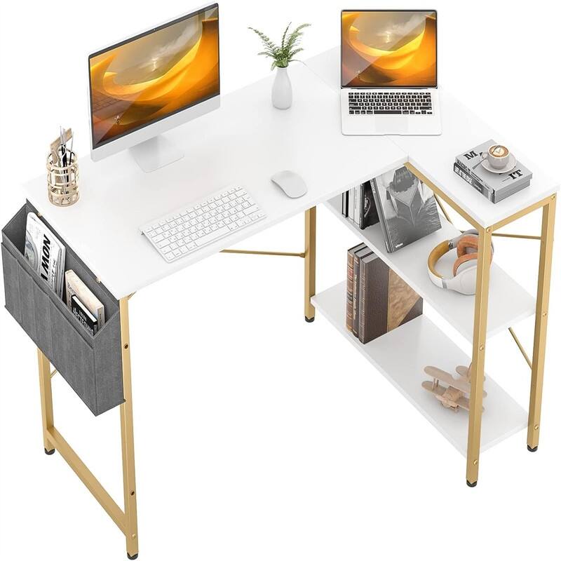 Small L Shaped Computer Desk - White and Gold