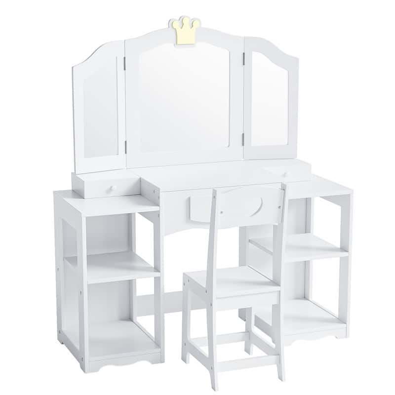 Kids Vanity Table And Chair Set, 2 In 1 Girls Vanity Storage Cabinet W/Tri-Folding Mirror - N/A