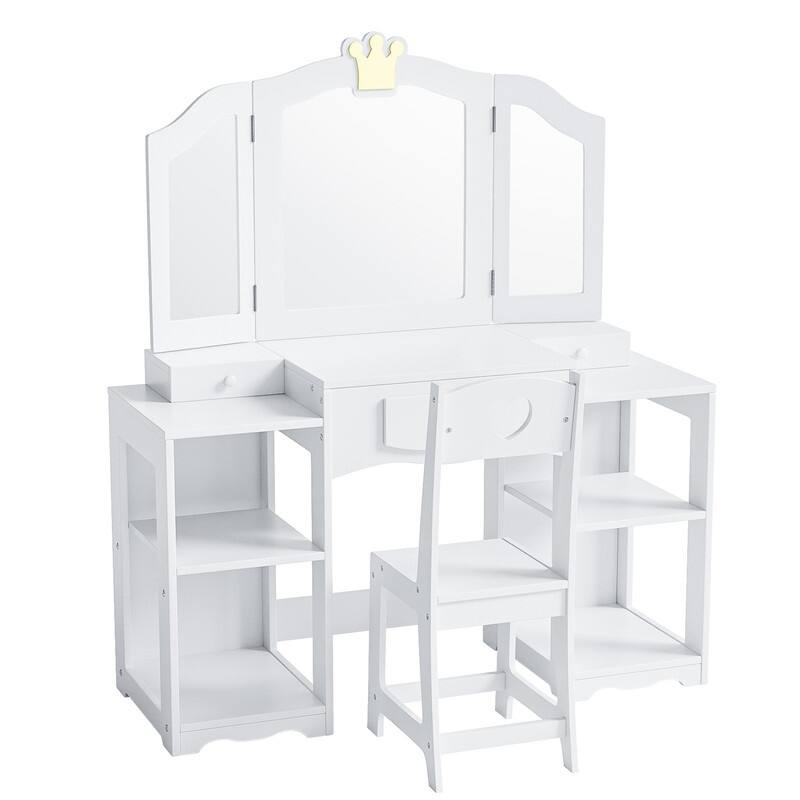 Kids Vanity Table And Chair Set, 2 In 1 Girls Vanity Storage Cabinet W/Tri-Folding Mirror - N/A - White