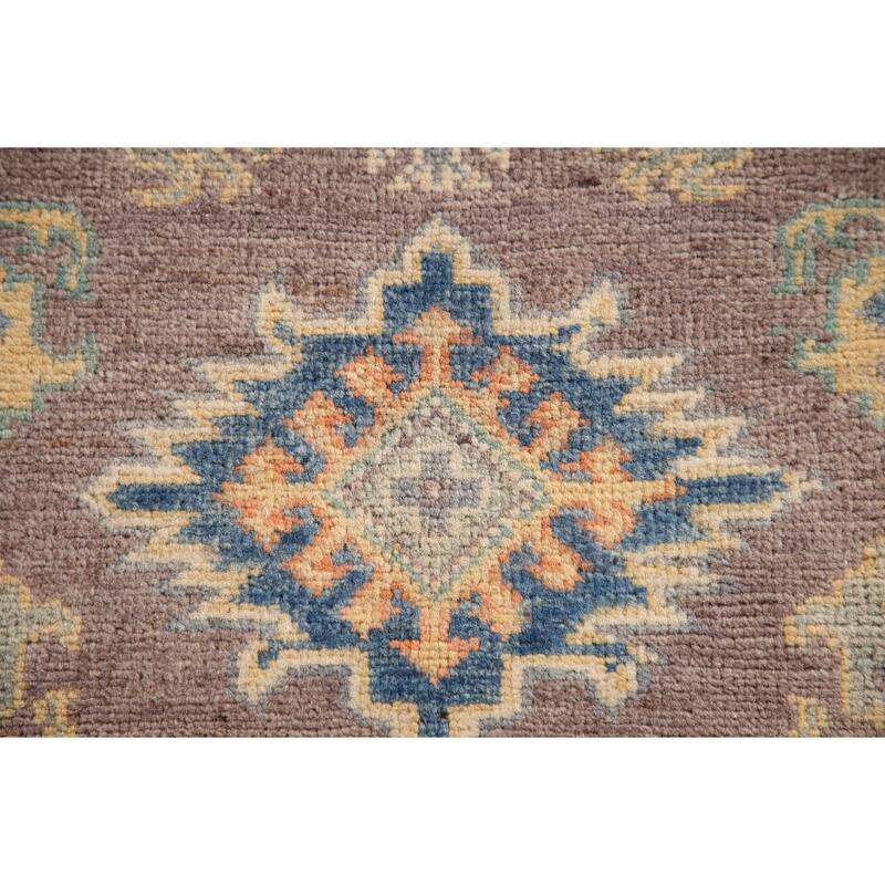 Geometric Kazak Oriental Accent Rug Hand-Knotted Beige Wool Carpet - 2'8"x 3'10"