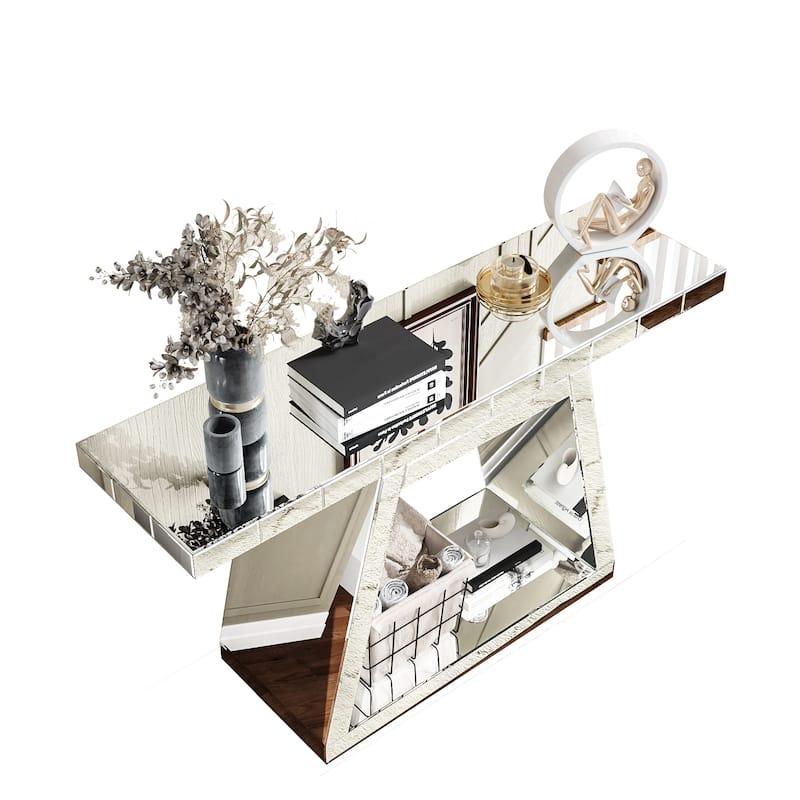 GDF Studio - Brevard Art Deco Mirrored Wood Console Table with Trapezoid Base