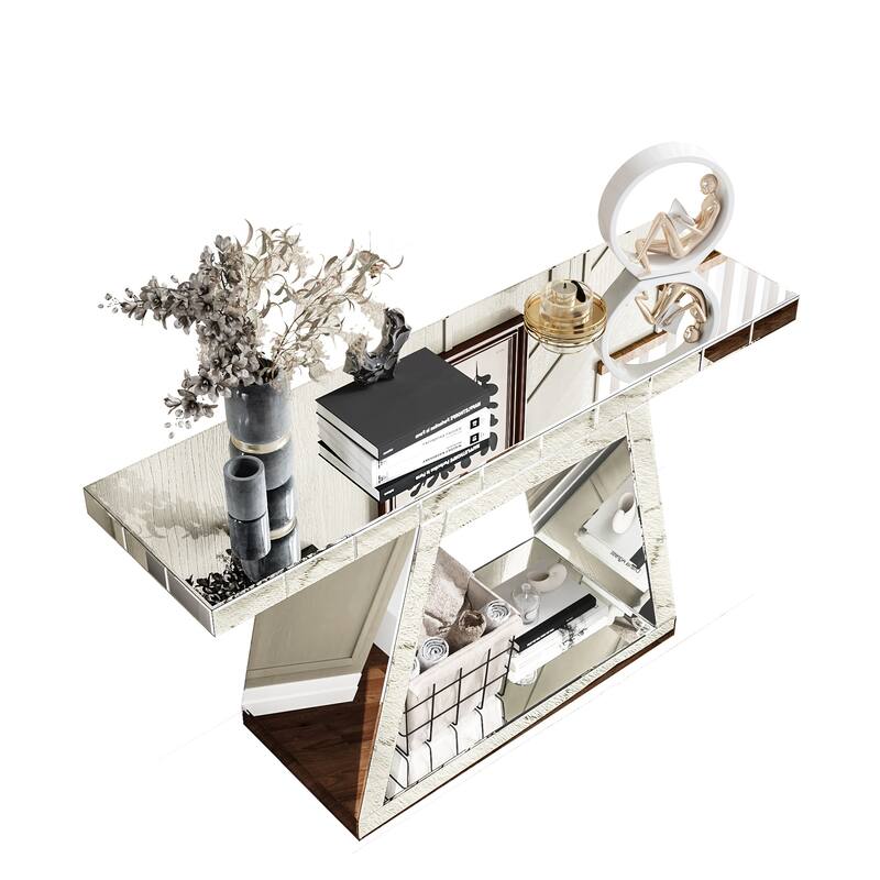 Silver Console Table with Trapezoid Base, Full-Body Mirror Entryway Table