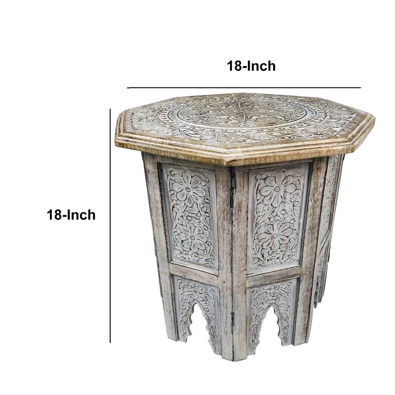 Olta 18 Inch Handcrafted Farmhouse Side Table, Engraved Carved Design, Mango Wood, Octagonal Top, Antique Brown
