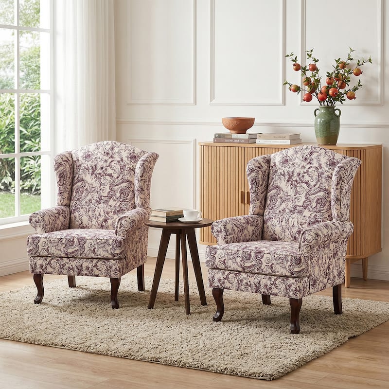 Elegant Living Room Wing Back Arm Chair Upholstered Accent Chair - Set of 2 Chairs - ROCOCO PLUM-Set