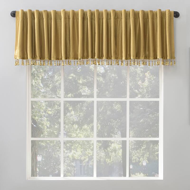 Sun Zero Evelina Faux Dupioni Silk Beaded Tassels Thermal Extreme Total Blackout Back Tab Curtain Valance - 50 x 17 - Gold