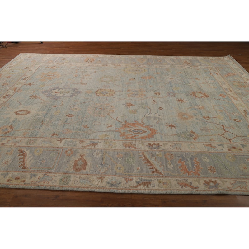 Blue Vegetable Dye Oushak Turkish Rug Hand-Knotted Floral Wool Carpet - 9'2"x 12'3"