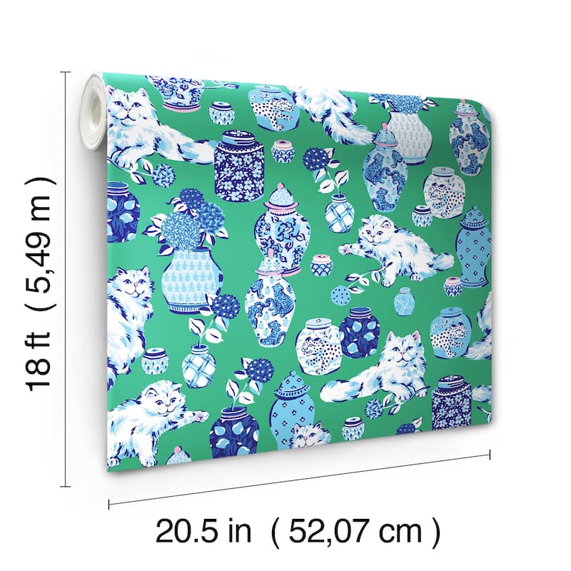 Fancy Cats Green Peel and Stick Wallpaper