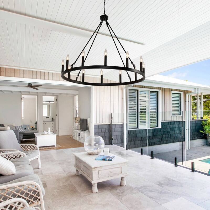 12-Light Wagon Wheel Chandelier 38" Black Farmhouse Round Chandeliers - 38inch